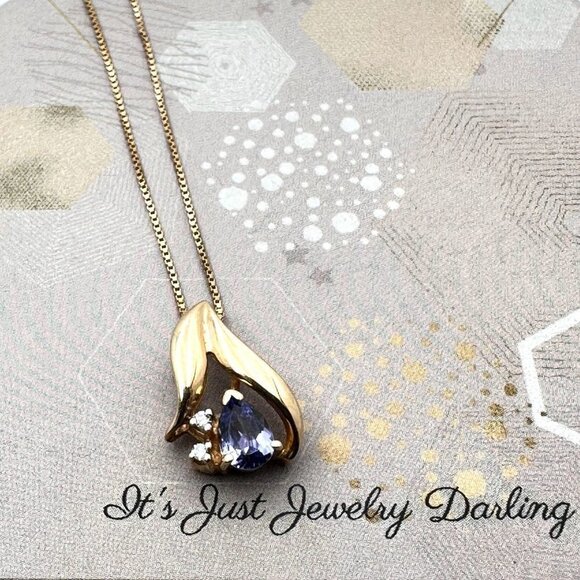 10K Gold Womens Necklace Purple Tanzanite Diamond Pendant Yellow Gold Gift Idea - Picture 1 of 8